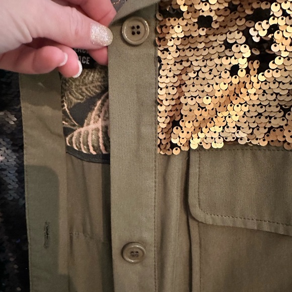 Anthropologie Olive Green Sequin Patch Army Button Down Shirt - Picture 6 of 10